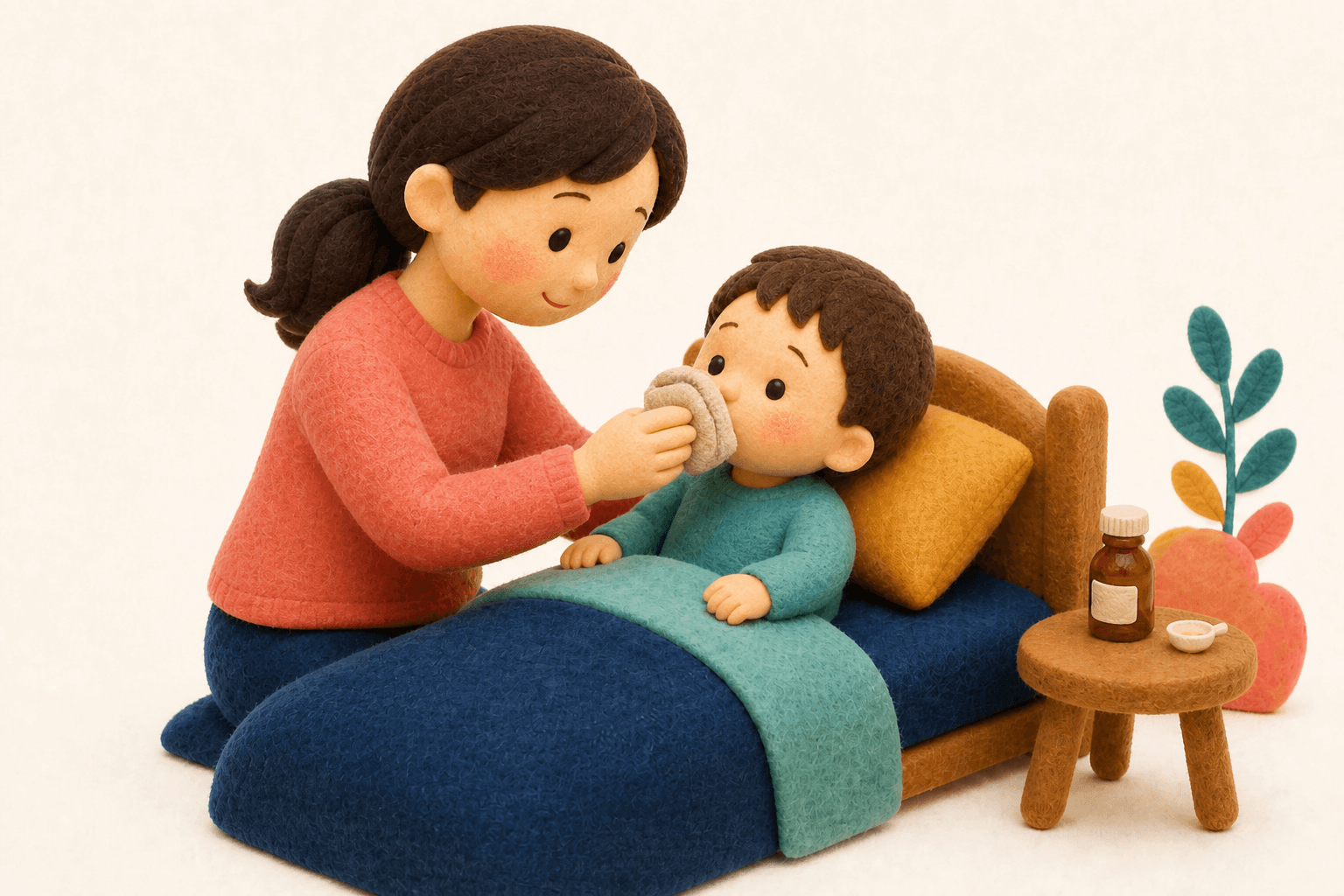 鼻の付け根をタオル越しに冷やすフェルト人形風イラスト