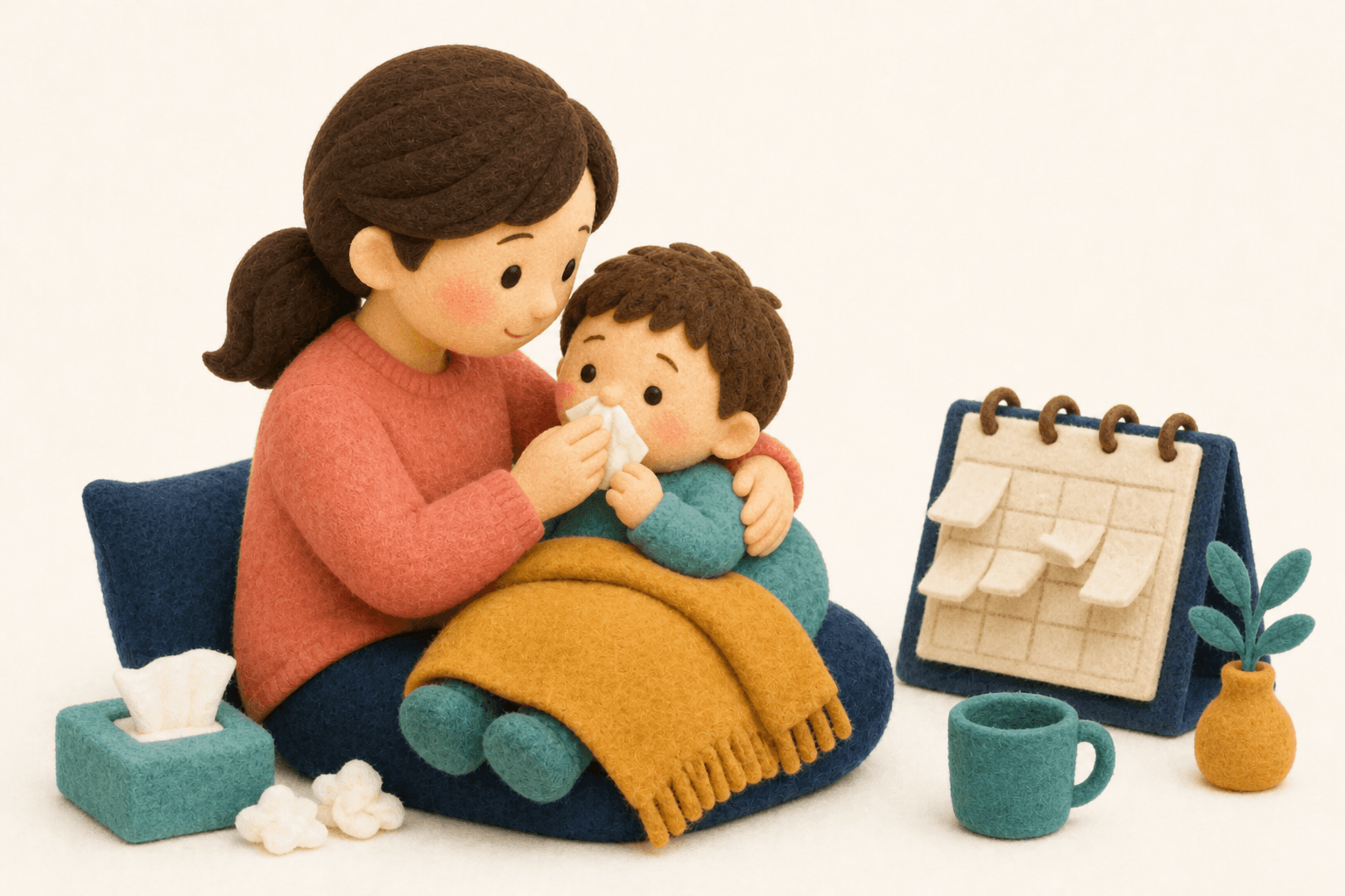 鼻水の子どもを抱き、何度も風邪をひく日常を示すフェルト人形風イラスト