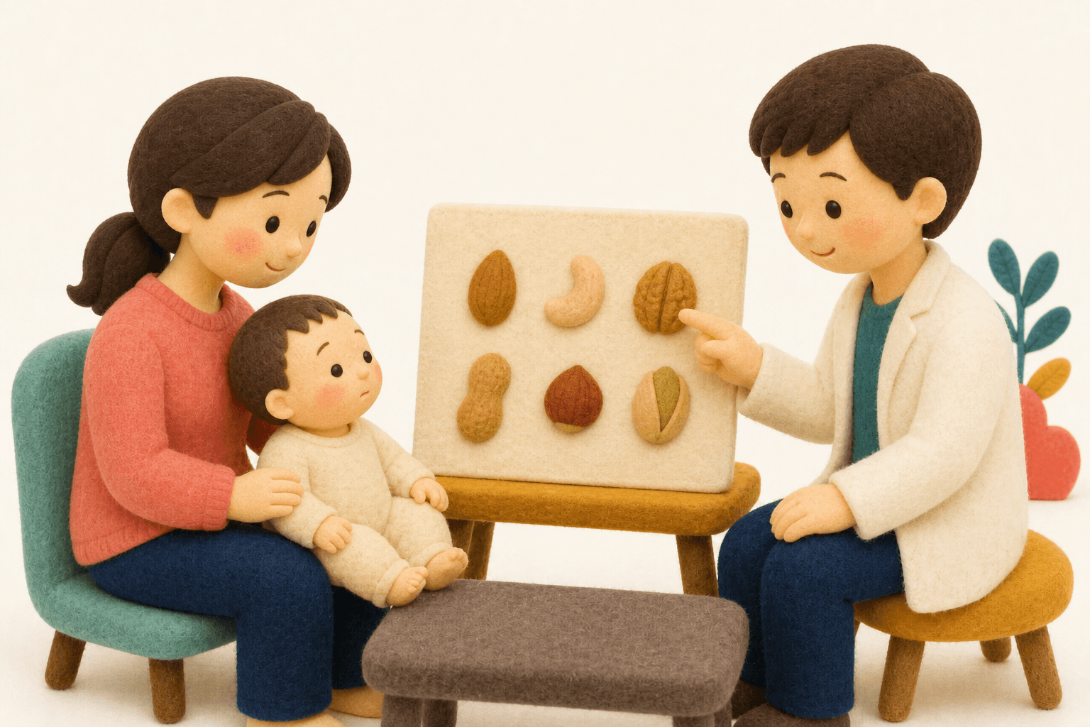 ナッツ種類ごとの検査説明を受ける親子のフェルト人形風イラスト
