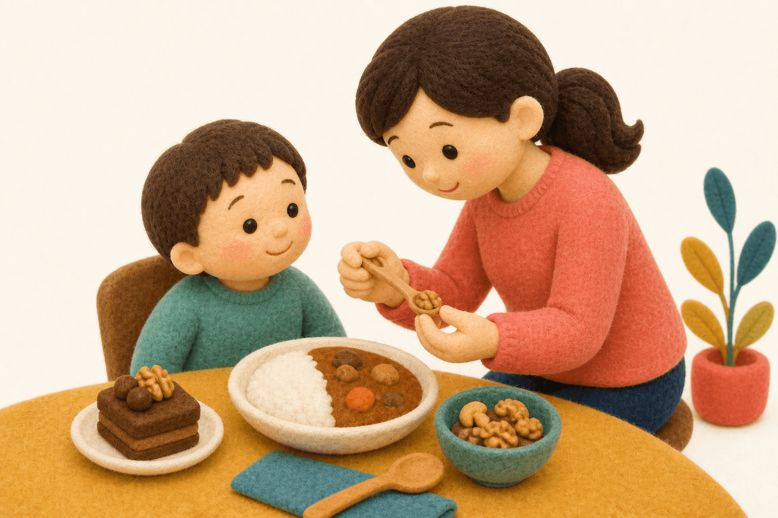 隠れナッツのある料理を事前確認する保護者のフェルト人形風イラスト