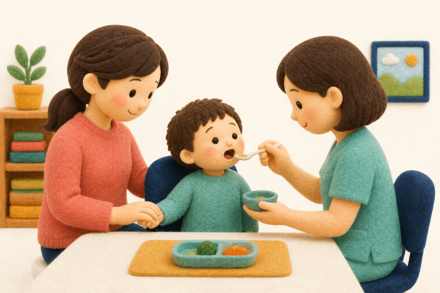 安心できる雰囲気で負荷試験を受ける子どものフェルト人形風イラスト