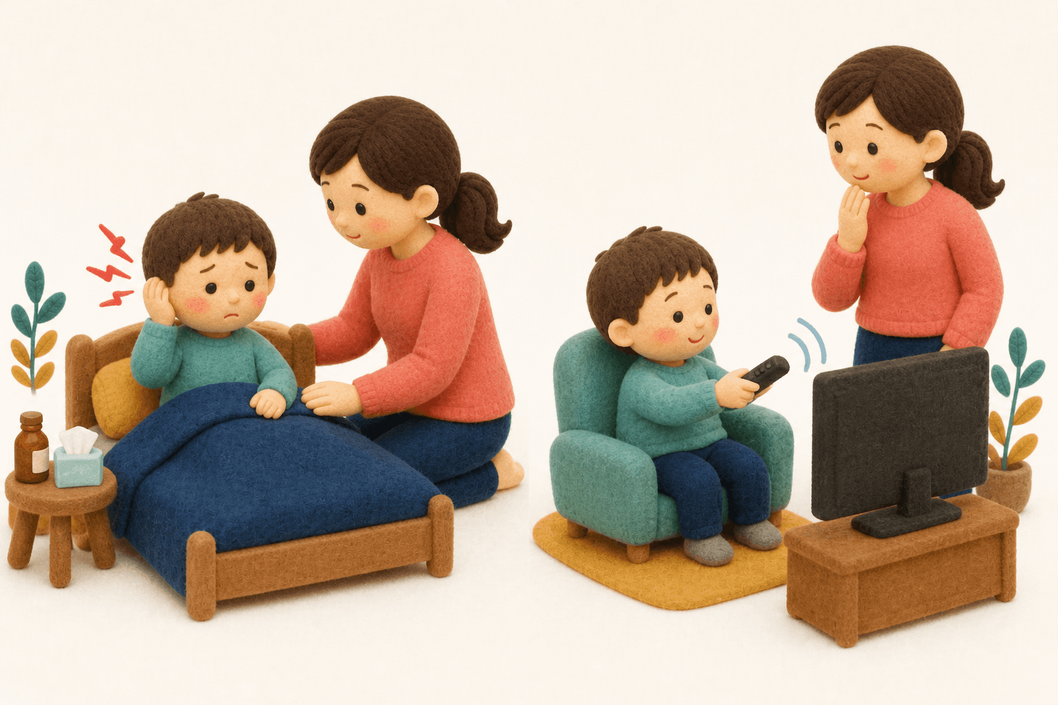 耳痛のある急性と、聞こえにくさで気づく滲出性の対比フェルト人形風イラスト
