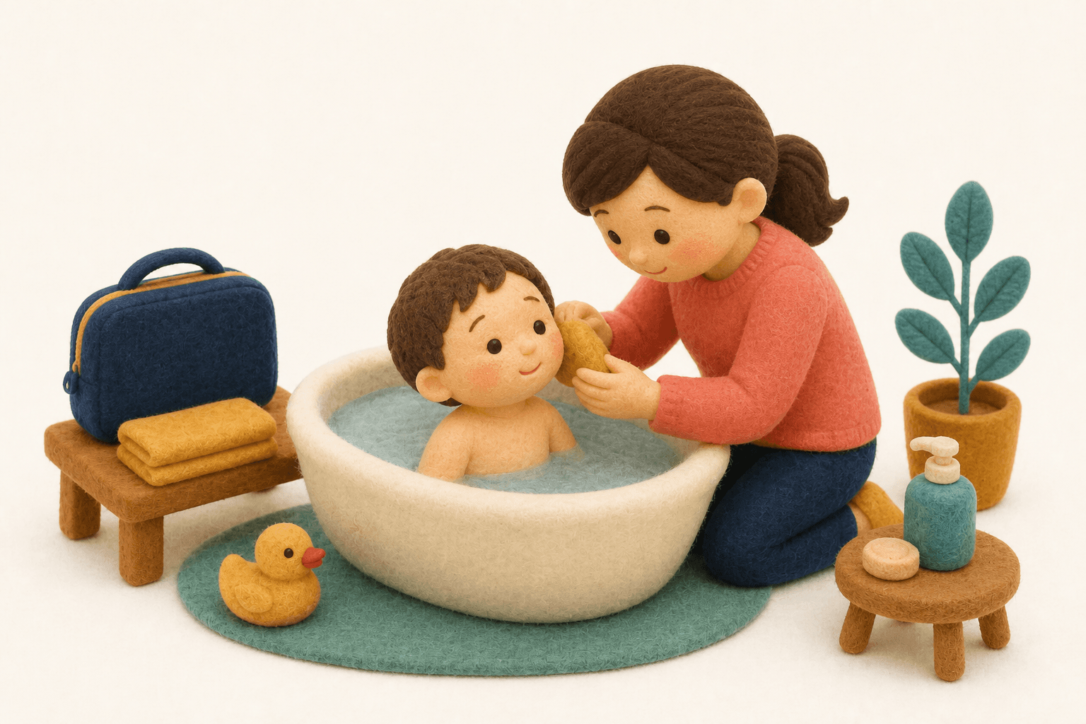 耳に水を入れないようにお風呂に入れる親子のフェルト人形風イラスト
