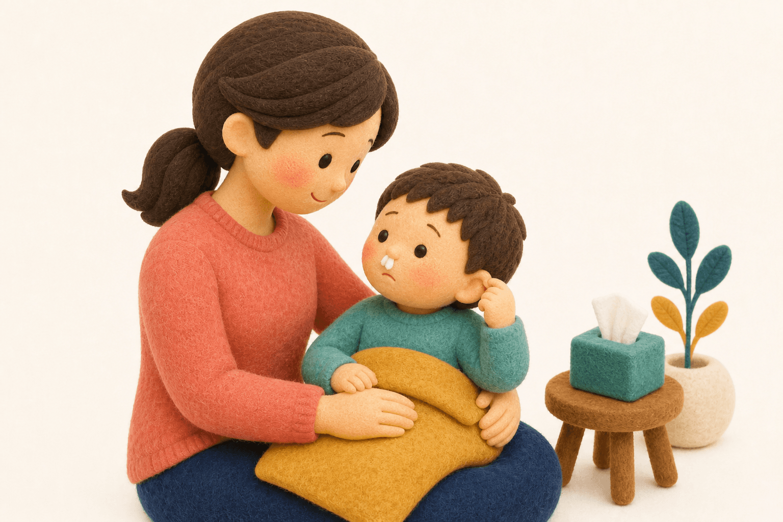 風邪のあと耳を痛がる子どもを抱きかかえる保護者のフェルト人形風イラスト