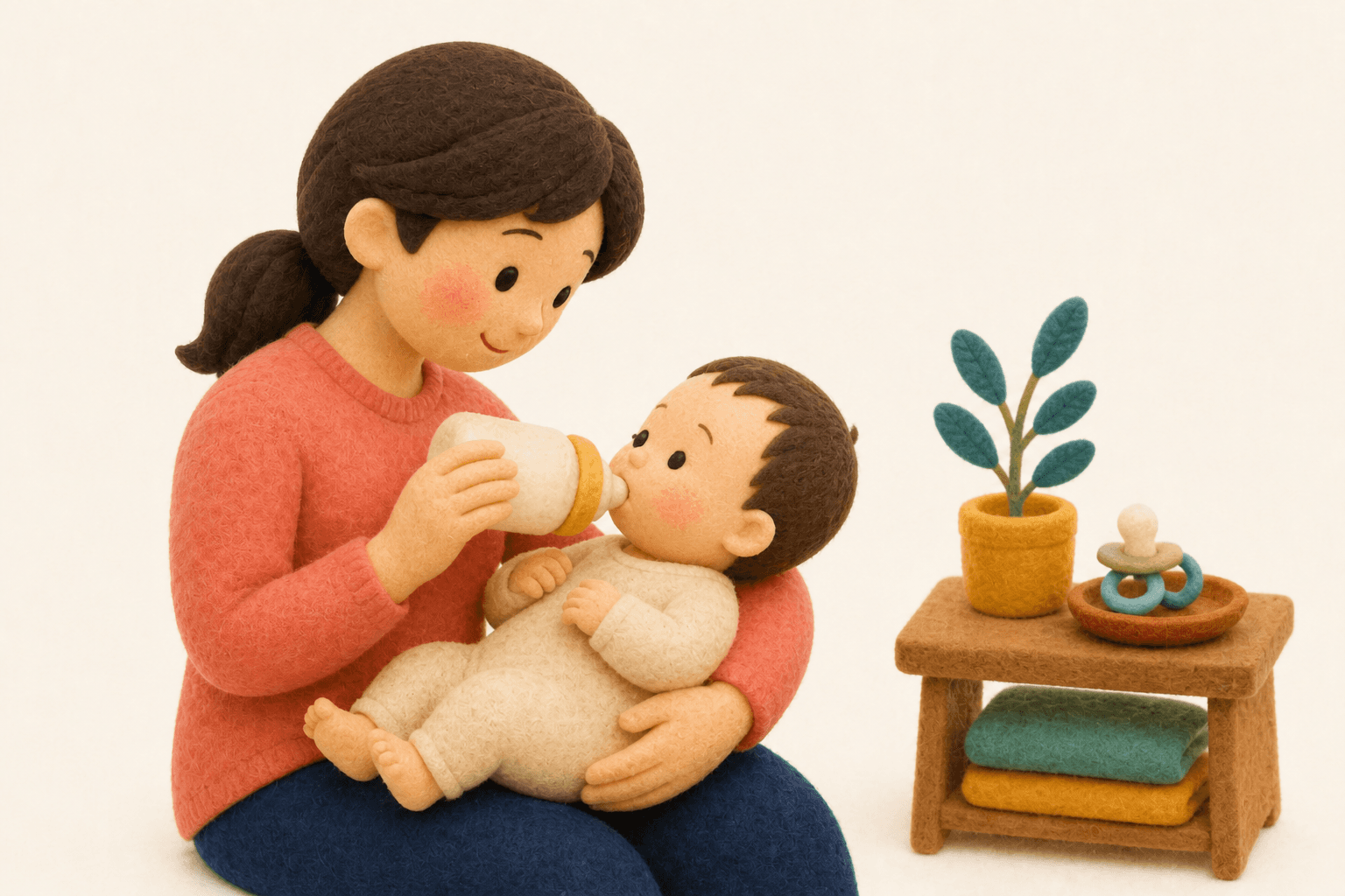 縦抱き授乳とおしゃぶりを控える予防の家庭風景フェルト人形風イラスト