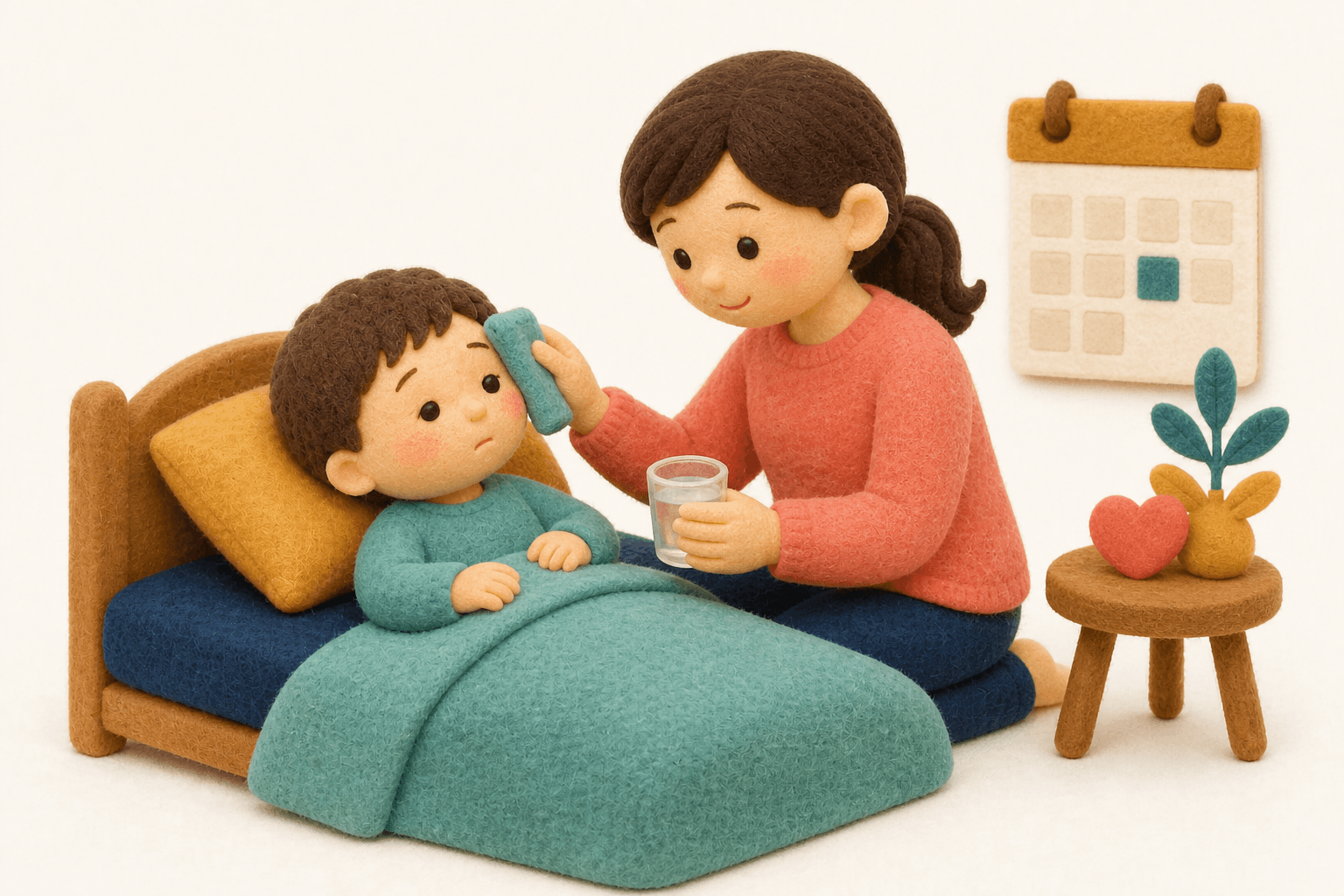 痛みを和らげながら数日様子を見る親子のフェルト人形風イラスト