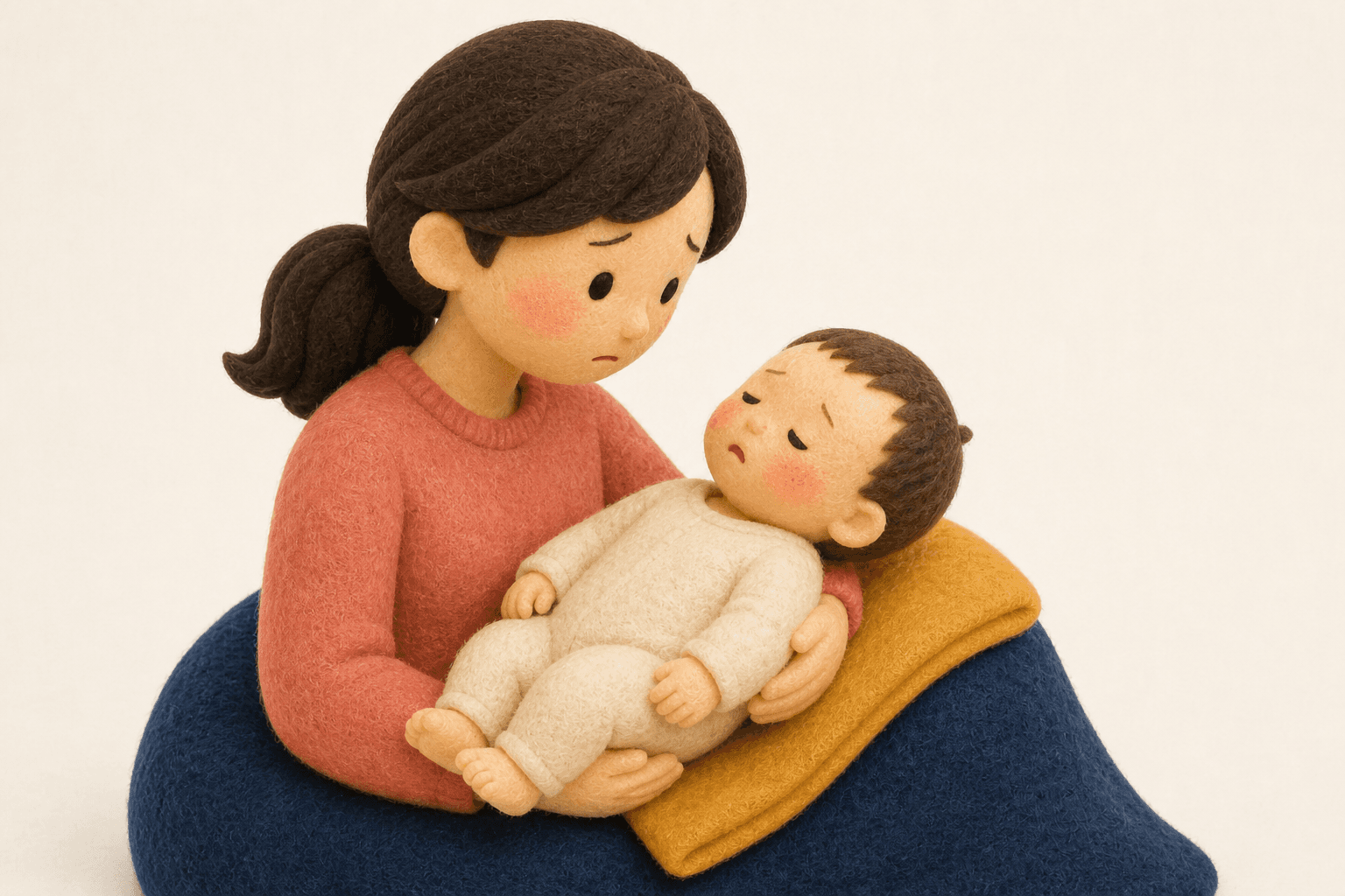 高熱でぐったりし哺乳が進まない新生児を抱く保護者のフェルト人形風イラスト