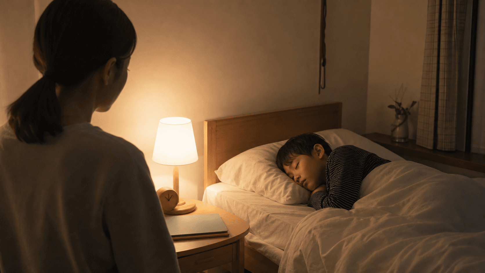 夜の寝室で保護者が眠る子どもを静かに見守っている場面
