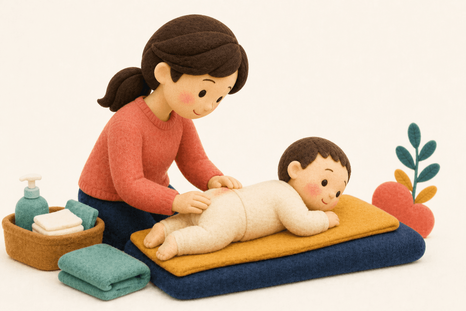 おむつ替えでおしりの赤い腫れに気づく保護者のフェルト人形風イラスト
