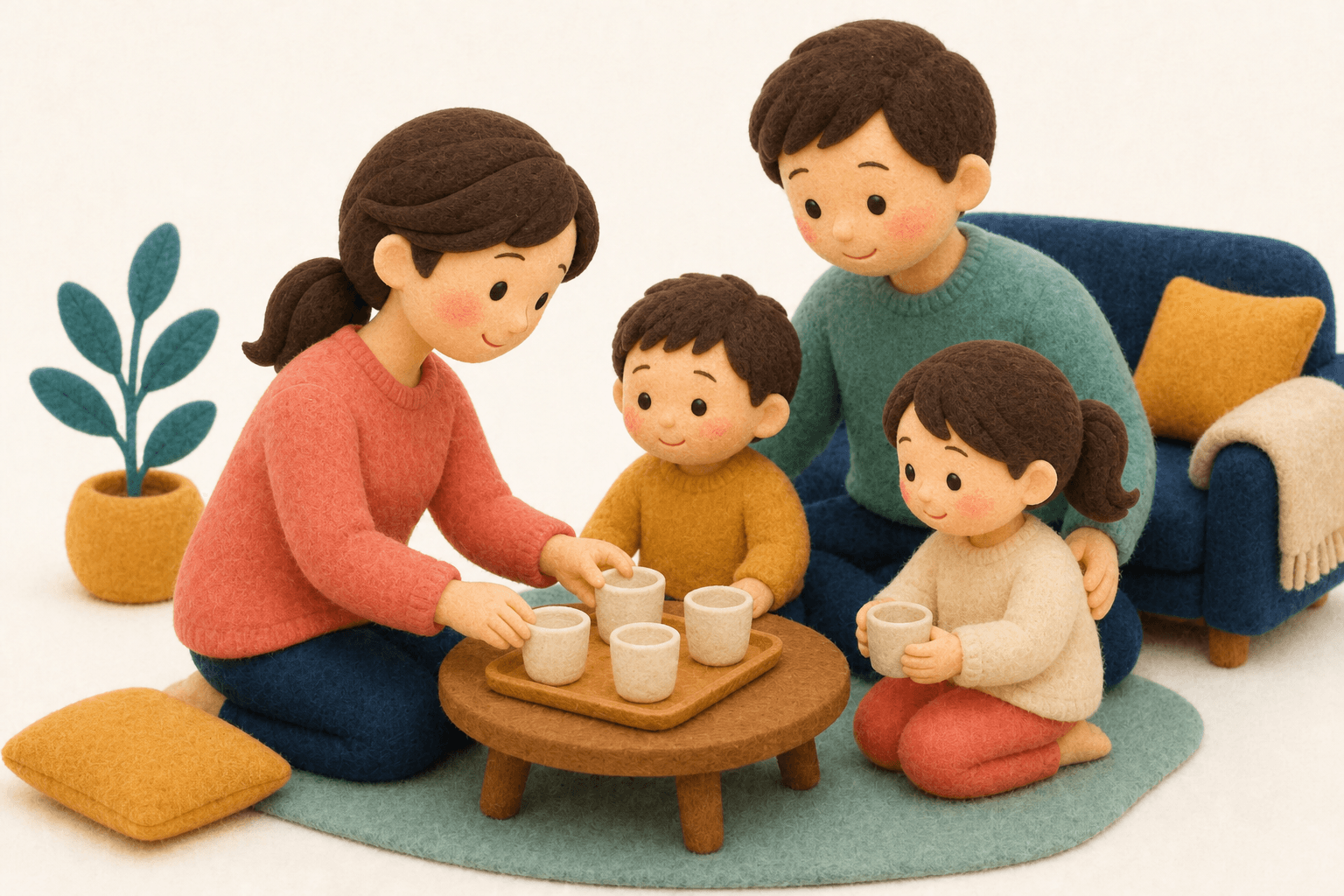 家族みんなで予防の薬を準備する家庭のフェルト人形風イラスト