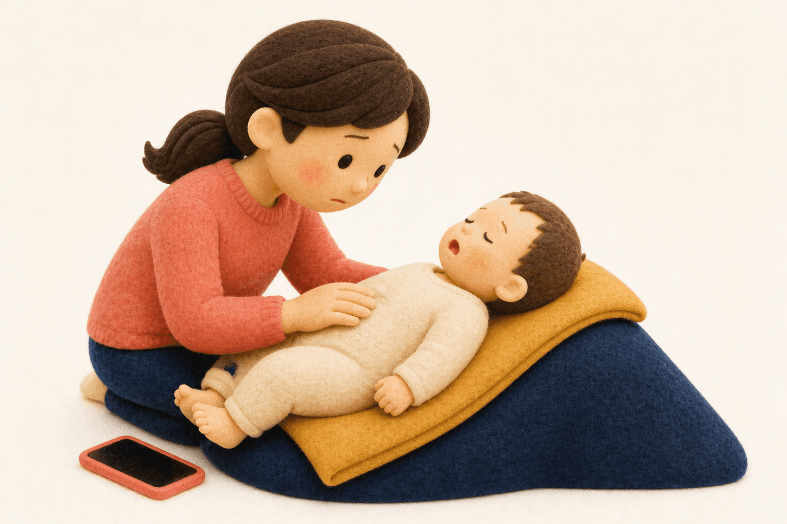 咳のあと呼吸を確かめる乳児と保護者のフェルト人形風イラスト