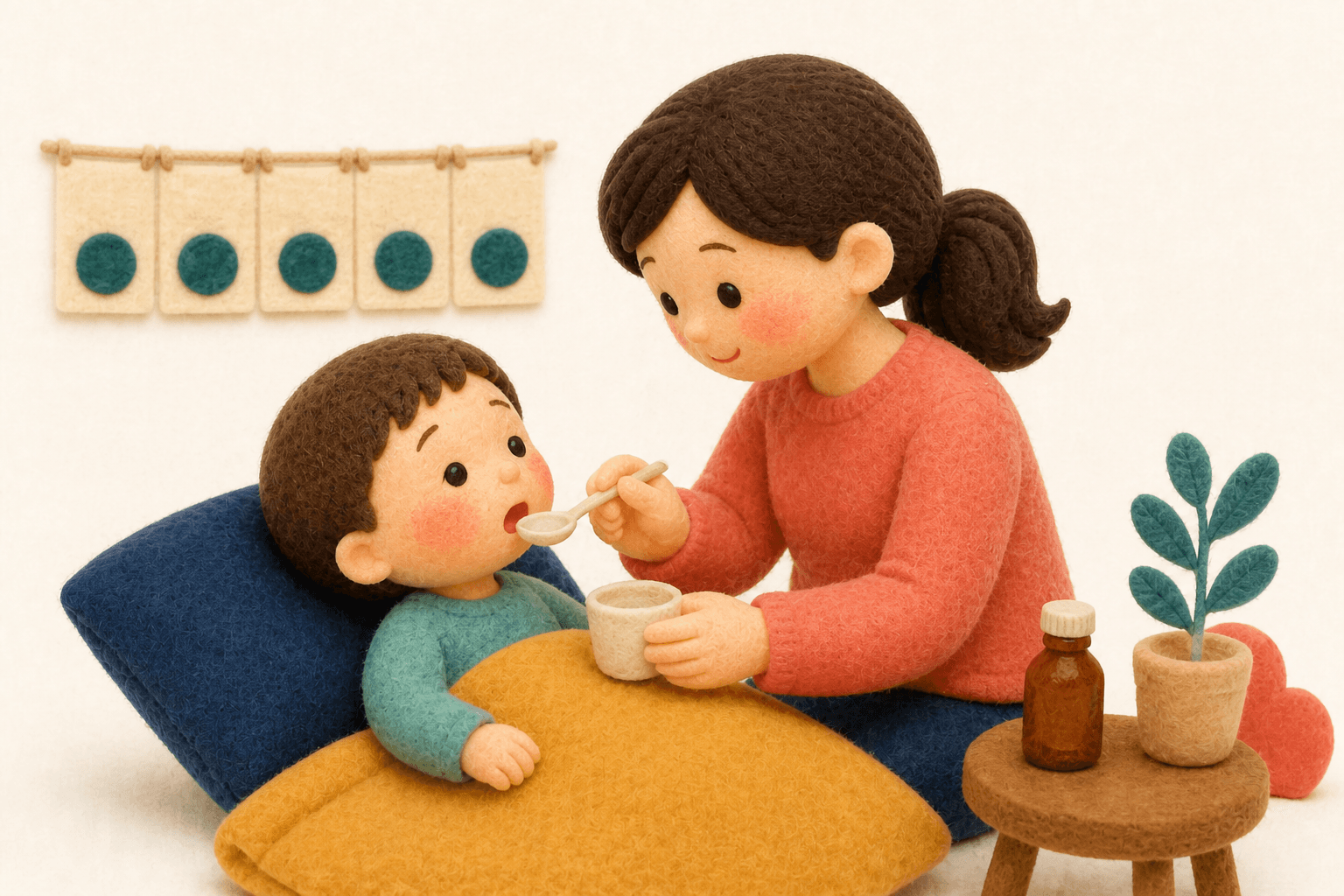 抗菌薬をスプーンで飲ませる親子のフェルト人形風イラスト
