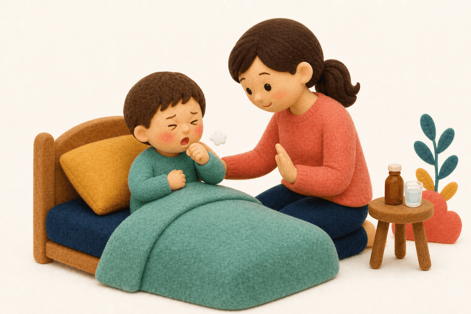 連続して咳き込む子どもを見守る保護者のフェルト人形風イラスト