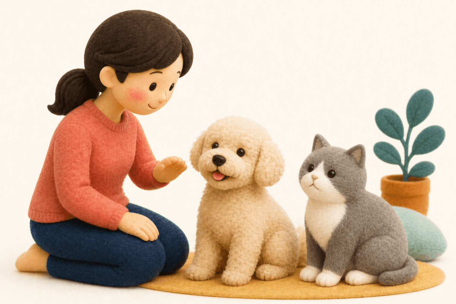抜け毛の少ない犬種でも油断できないことを示すフェルト人形風イラスト