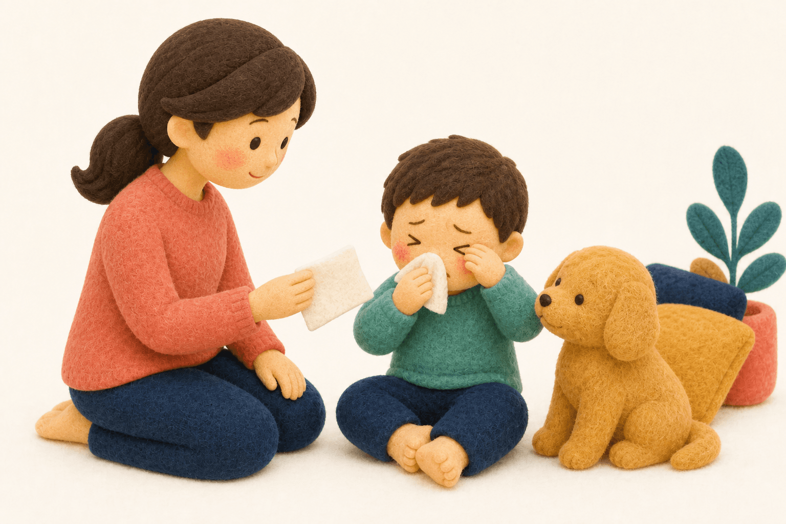 犬に触れたあとくしゃみと目のかゆみが出る子どものフェルト人形風イラスト