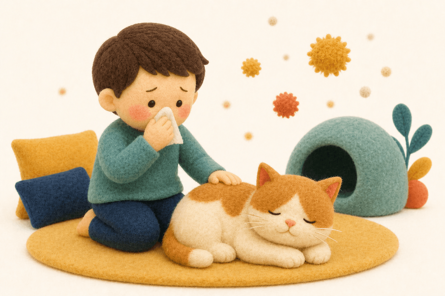 猫のそばで空気中のアレルゲンをイメージする子どものフェルト人形風イラスト