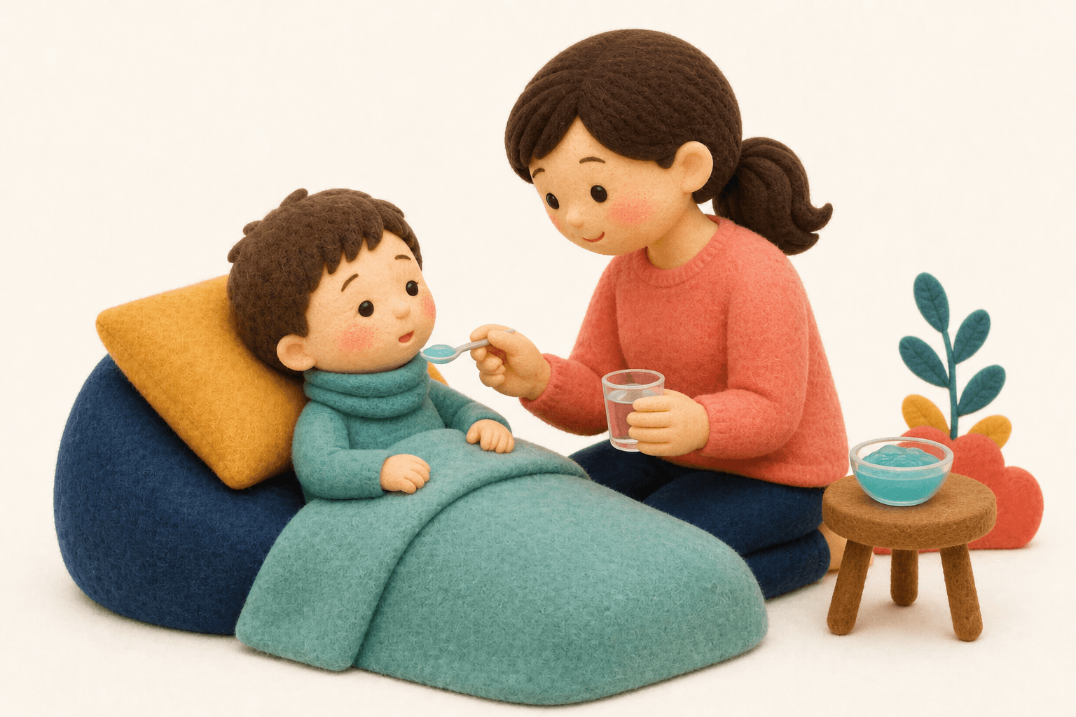 のどの痛みがある子に冷たいものと少量の水分を勧めるフェルト人形風イラスト