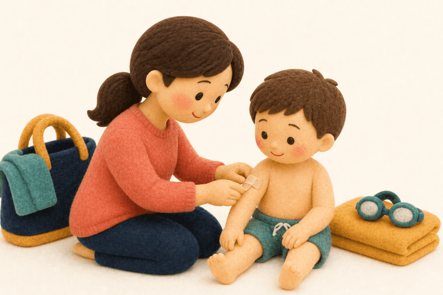 とびひの部分を覆ってからプールへ向かう親子のフェルト人形風イラスト