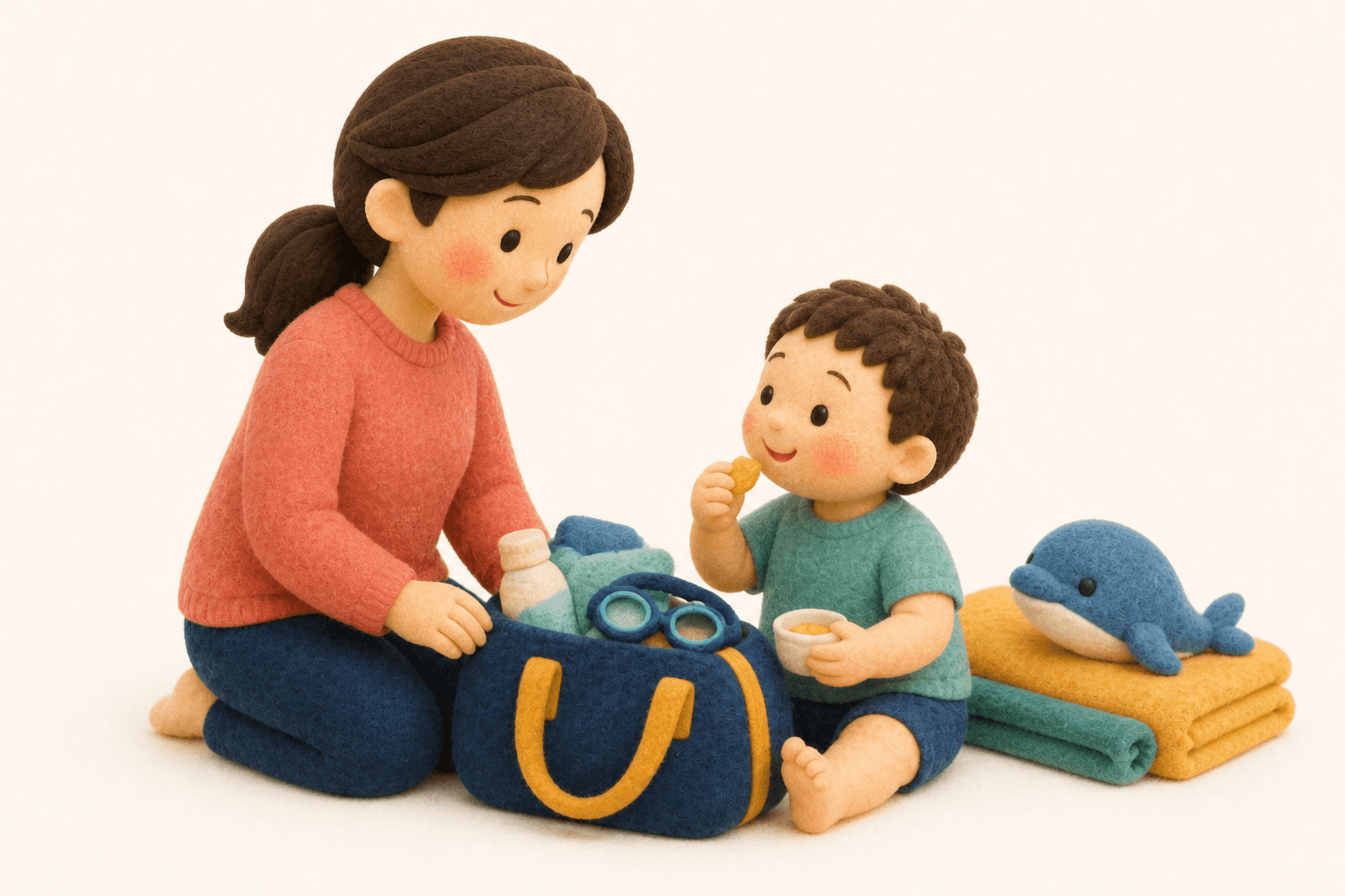 元気が戻りプールバッグを準備する子どものフェルト人形風イラスト