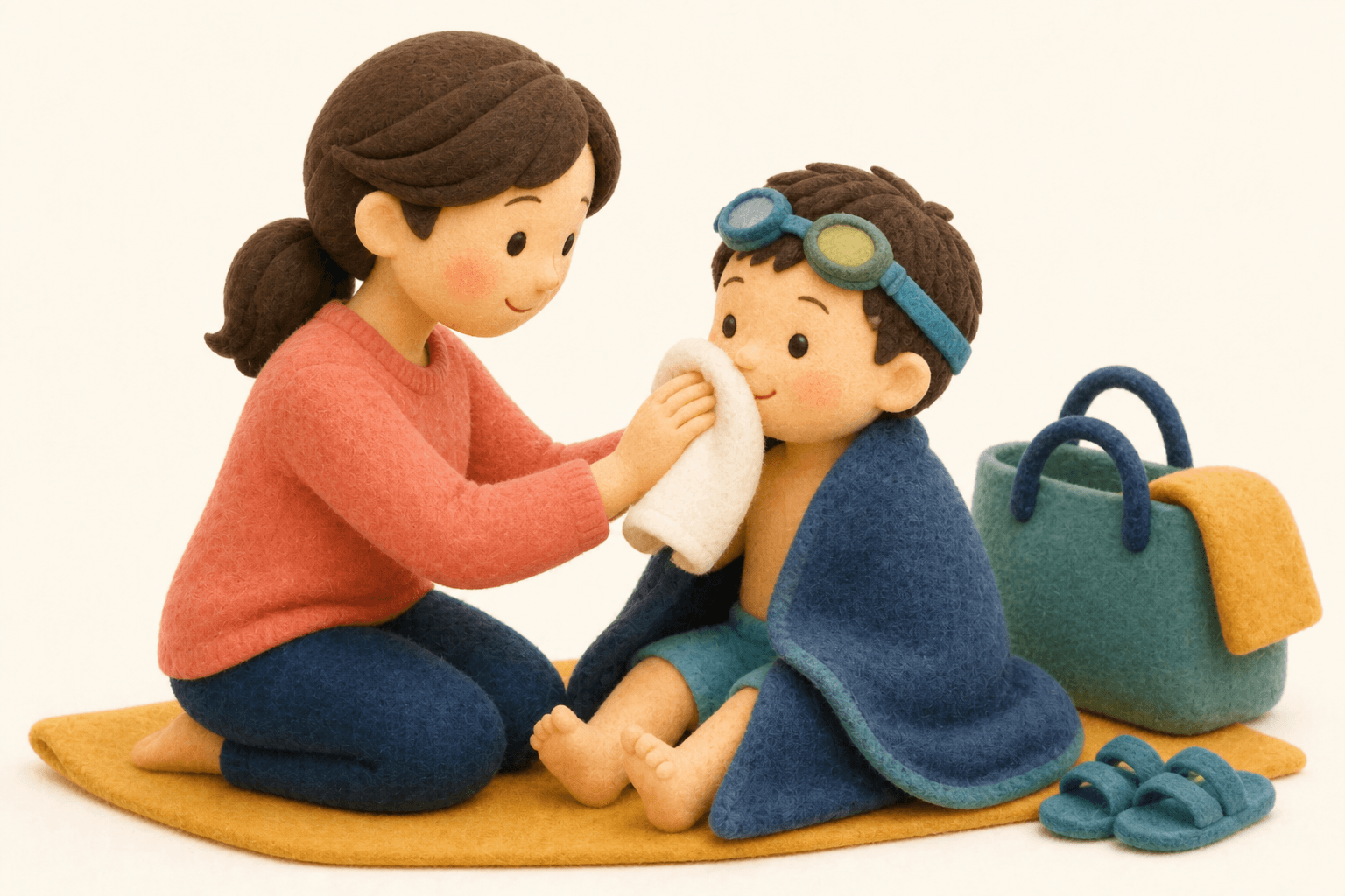 プール後に洗眼せずタオルで顔を拭く子どものフェルト人形風イラスト