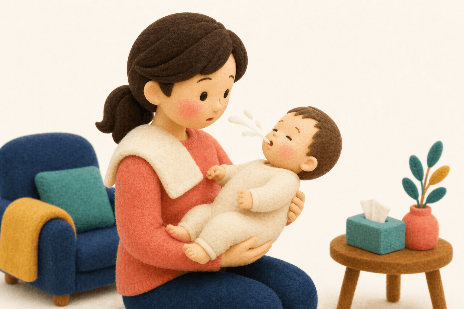 ミルクを勢いよく吐く乳児を抱える保護者のフェルト人形風イラスト