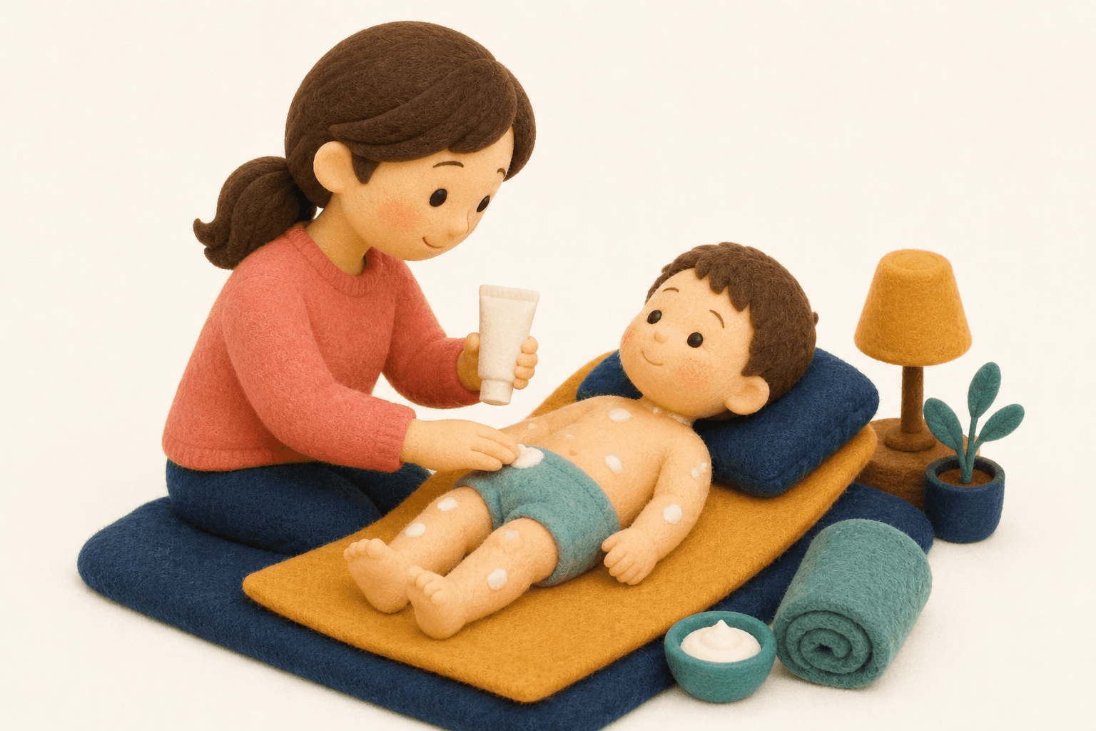 首から下へ治療薬を全身に塗る保護者のフェルト人形風イラスト