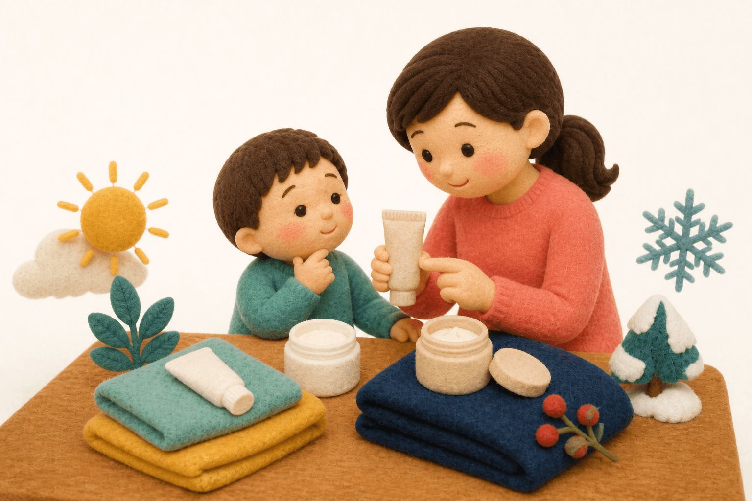 季節や部位で剤形を選ぶ保護者のフェルト人形風イラスト