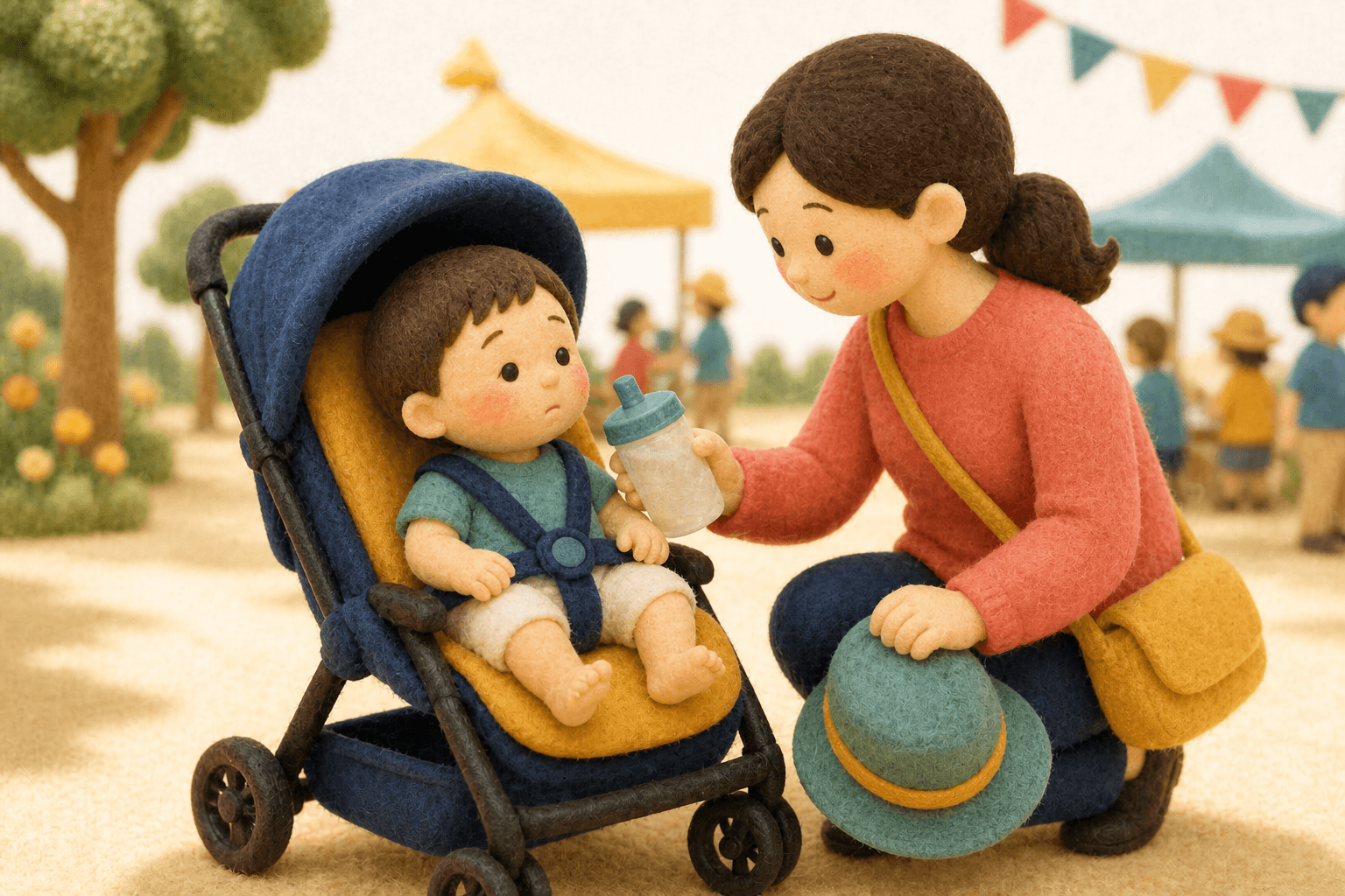 暑い祭りの会場で水分を勧める保護者のフェルト人形風イラスト