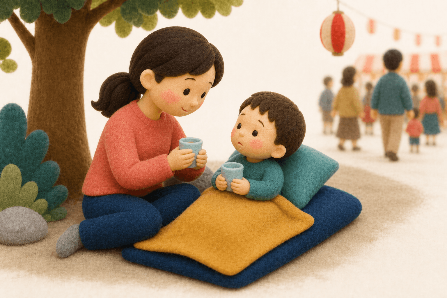 人混みを避け日陰で休憩・補水する親子のフェルト人形風イラスト