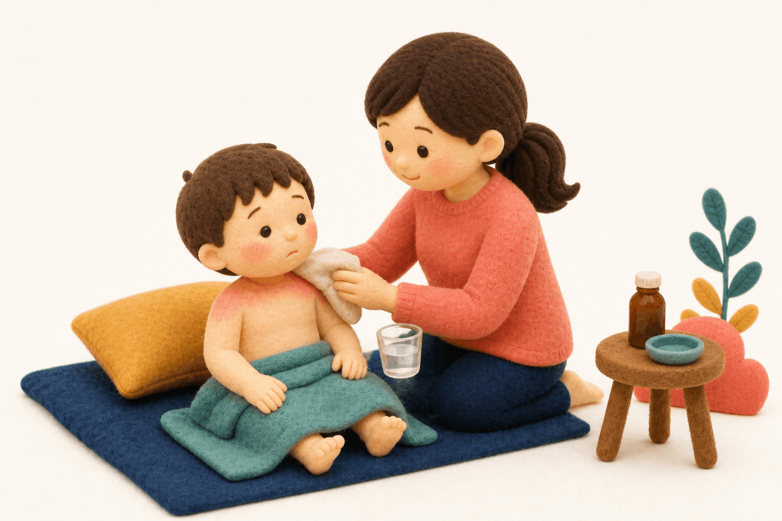 日焼けした肩を冷やして水分を与える保護者のフェルト人形風イラスト