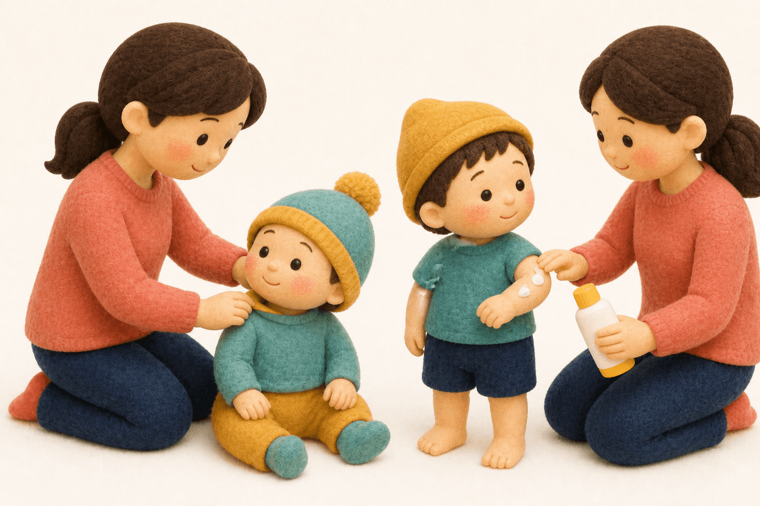 乳児は帽子と長袖、幼児に日焼け止めを塗る保護者のフェルト人形風イラスト