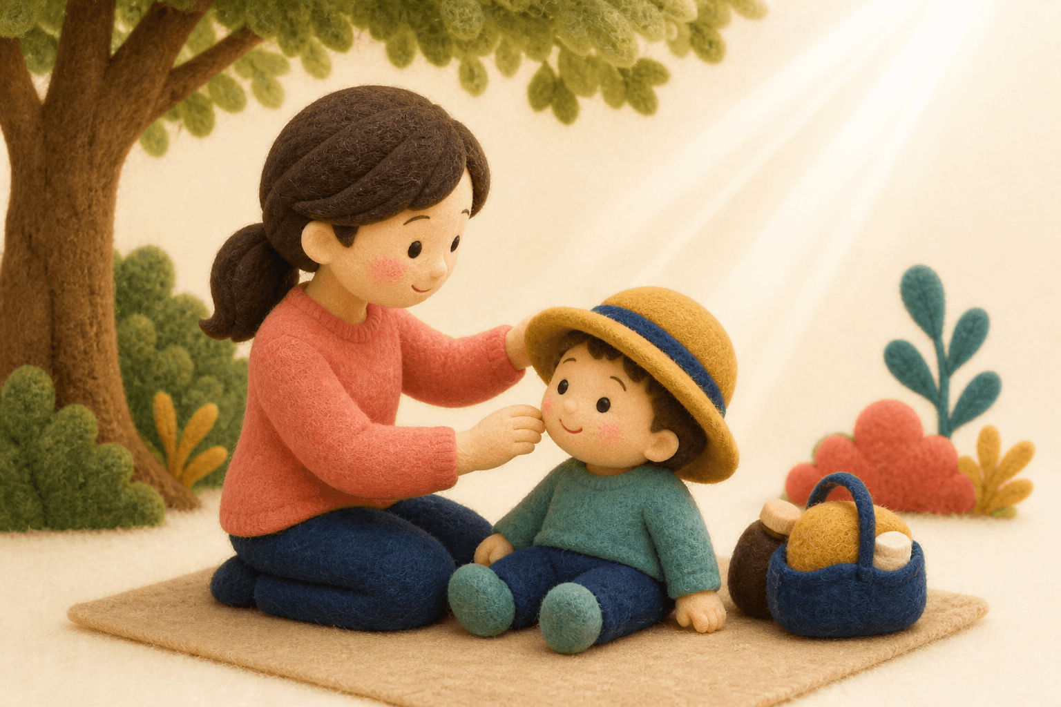 帽子をかぶって屋外にいる子どものフェルト人形風イラスト