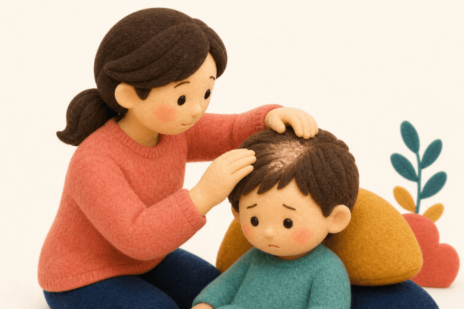 頭皮のフケとかゆみのある脱毛斑を確認する保護者のフェルト人形風イラスト