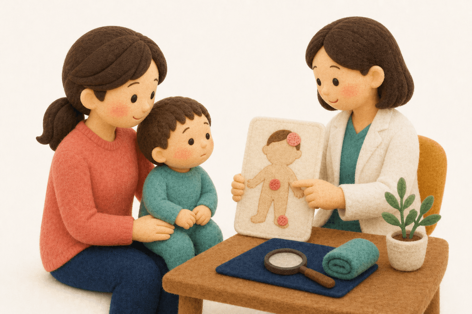 足・体・頭など感染部位で名前が変わる白癬を学ぶ保護者のフェルト人形風イラスト