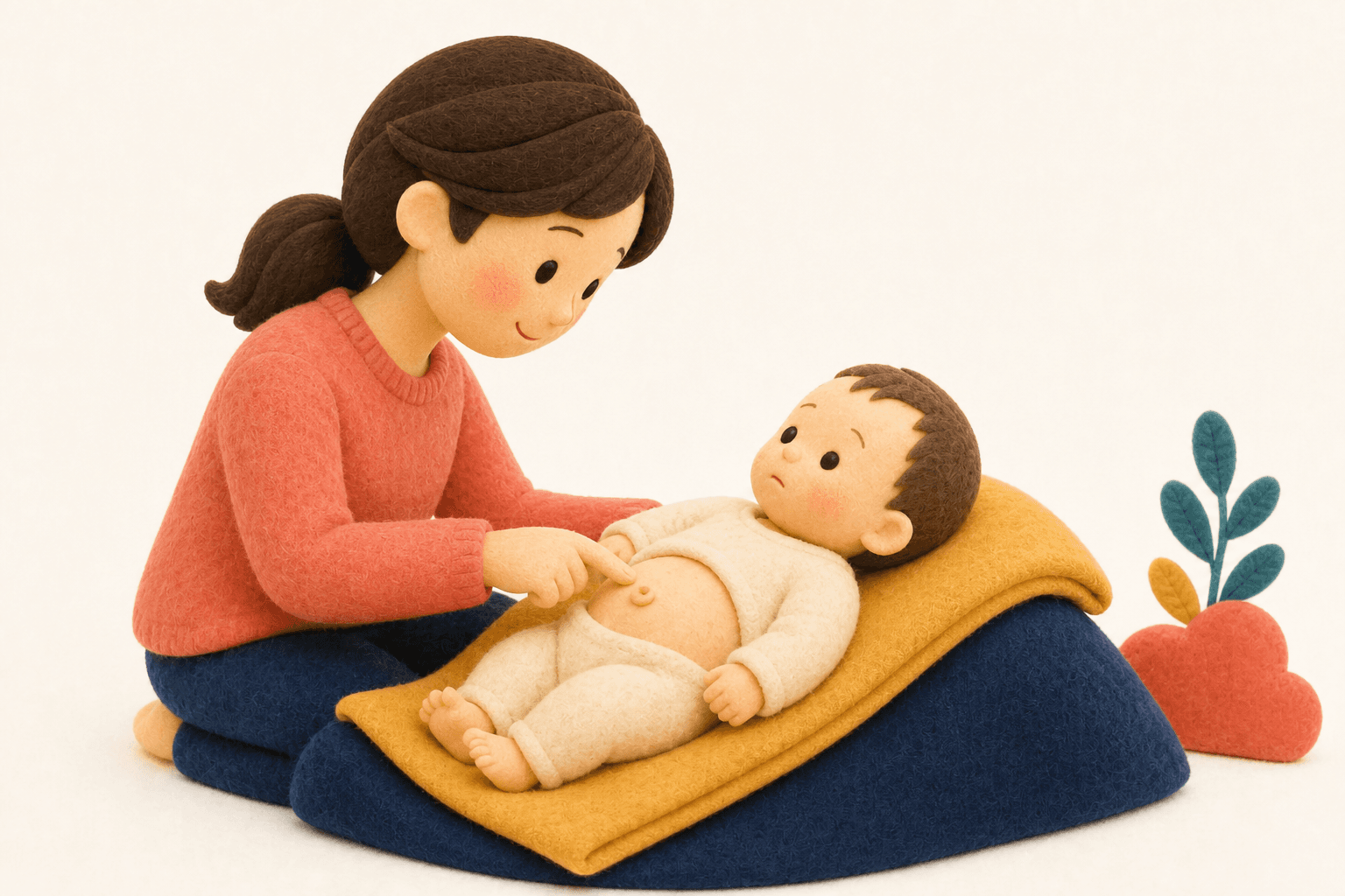 泣いた時におへそが膨らむ赤ちゃんのフェルト人形風イラスト