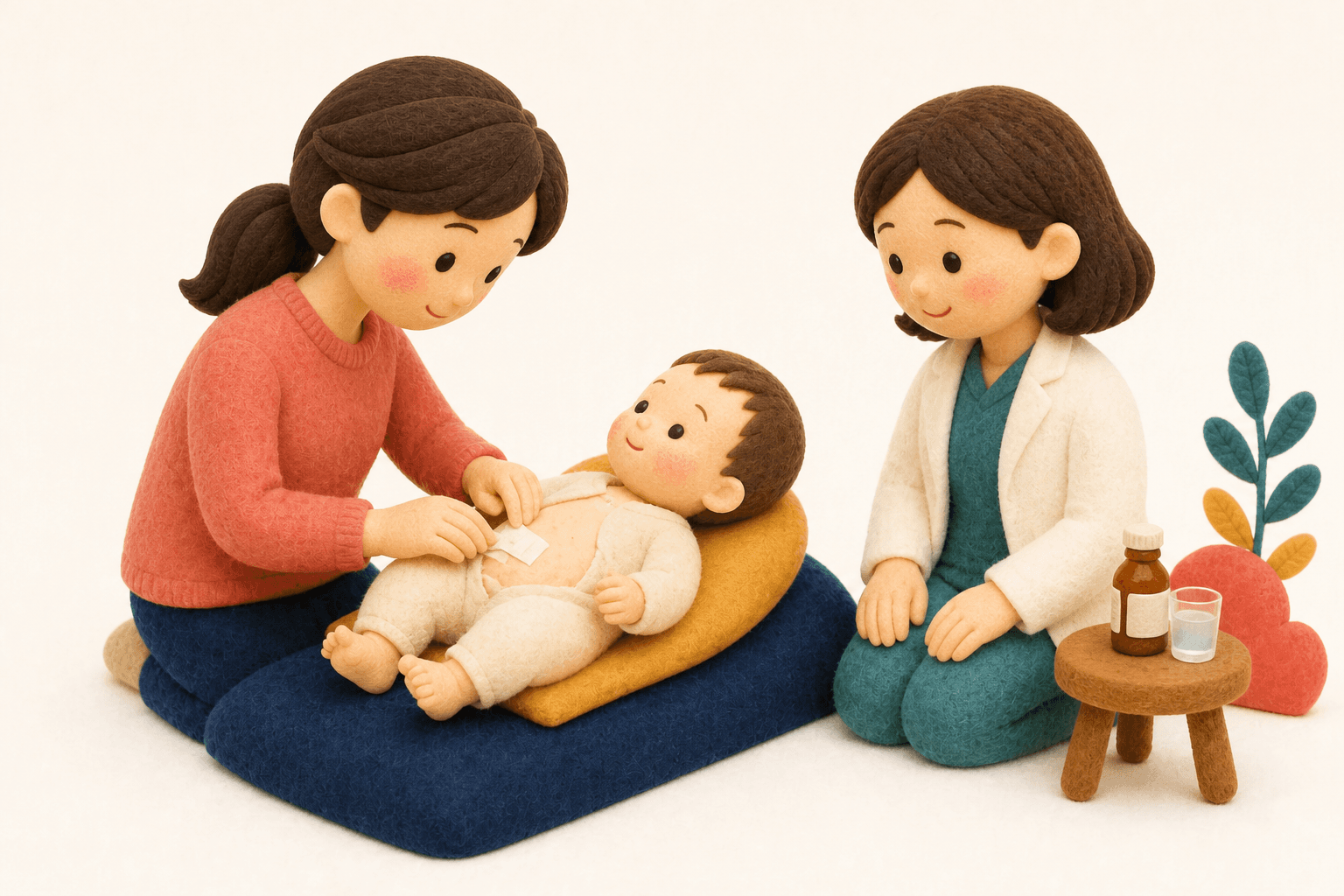おへそを押し込んで医療用テープで固定するフェルト人形風イラスト