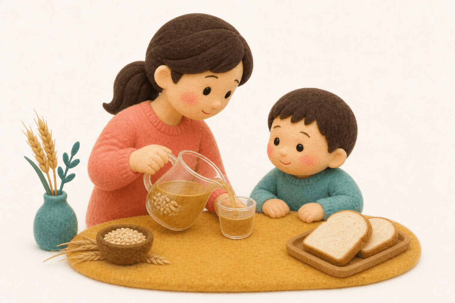 麦茶を試し、小麦パンは控える食卓のフェルト人形風イラスト