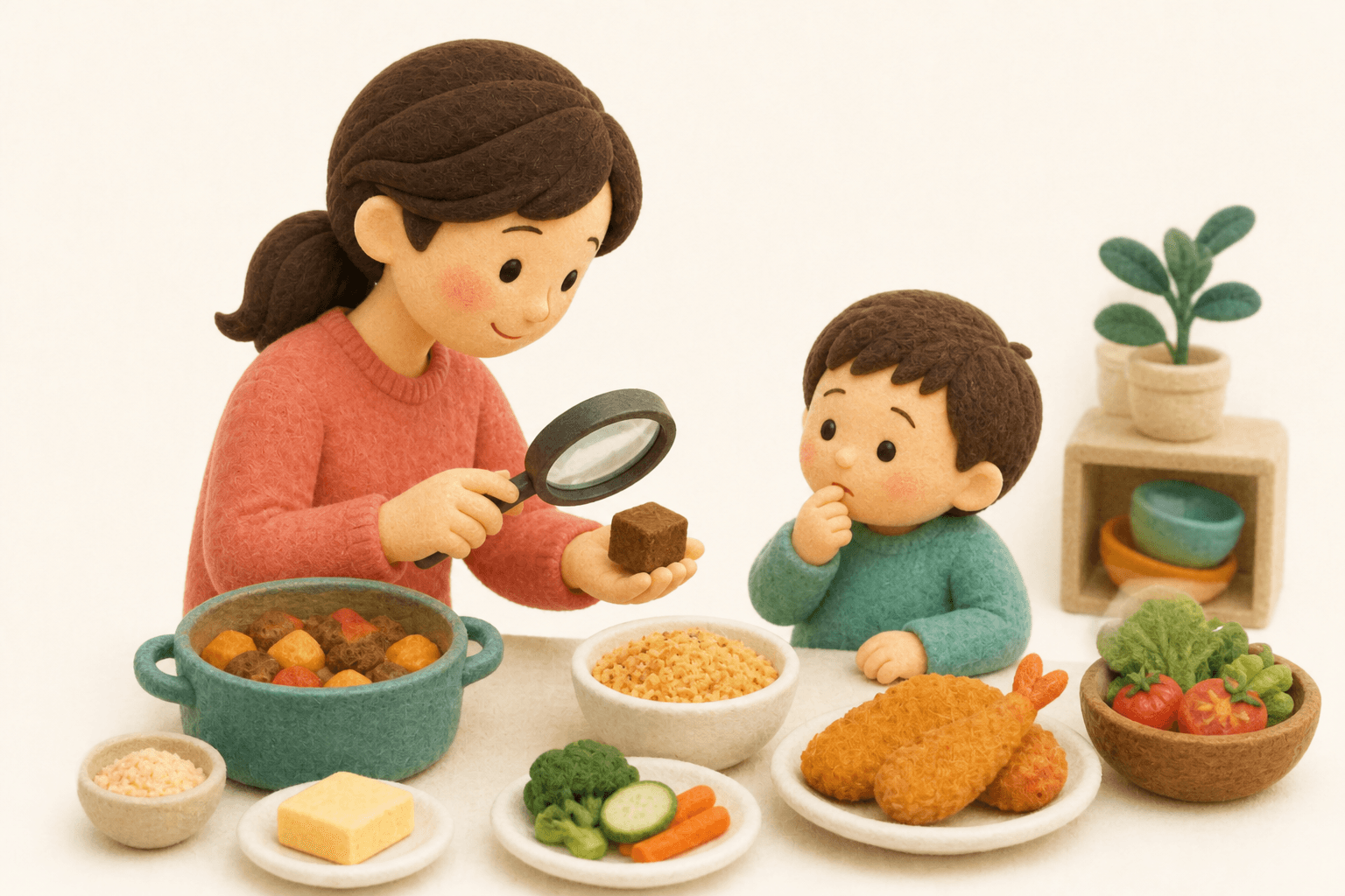 カレールウや衣の小麦を見落とさないよう確認する保護者のフェルト人形風イラスト
