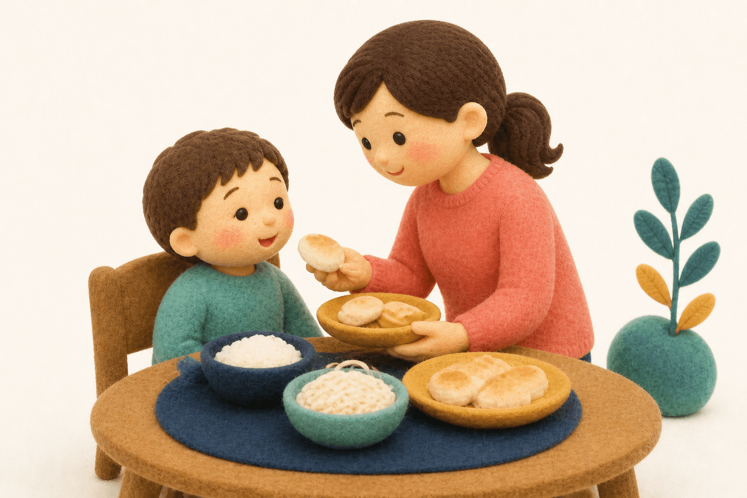 米粉パンや米粉麺で代替した食卓のフェルト人形風イラスト