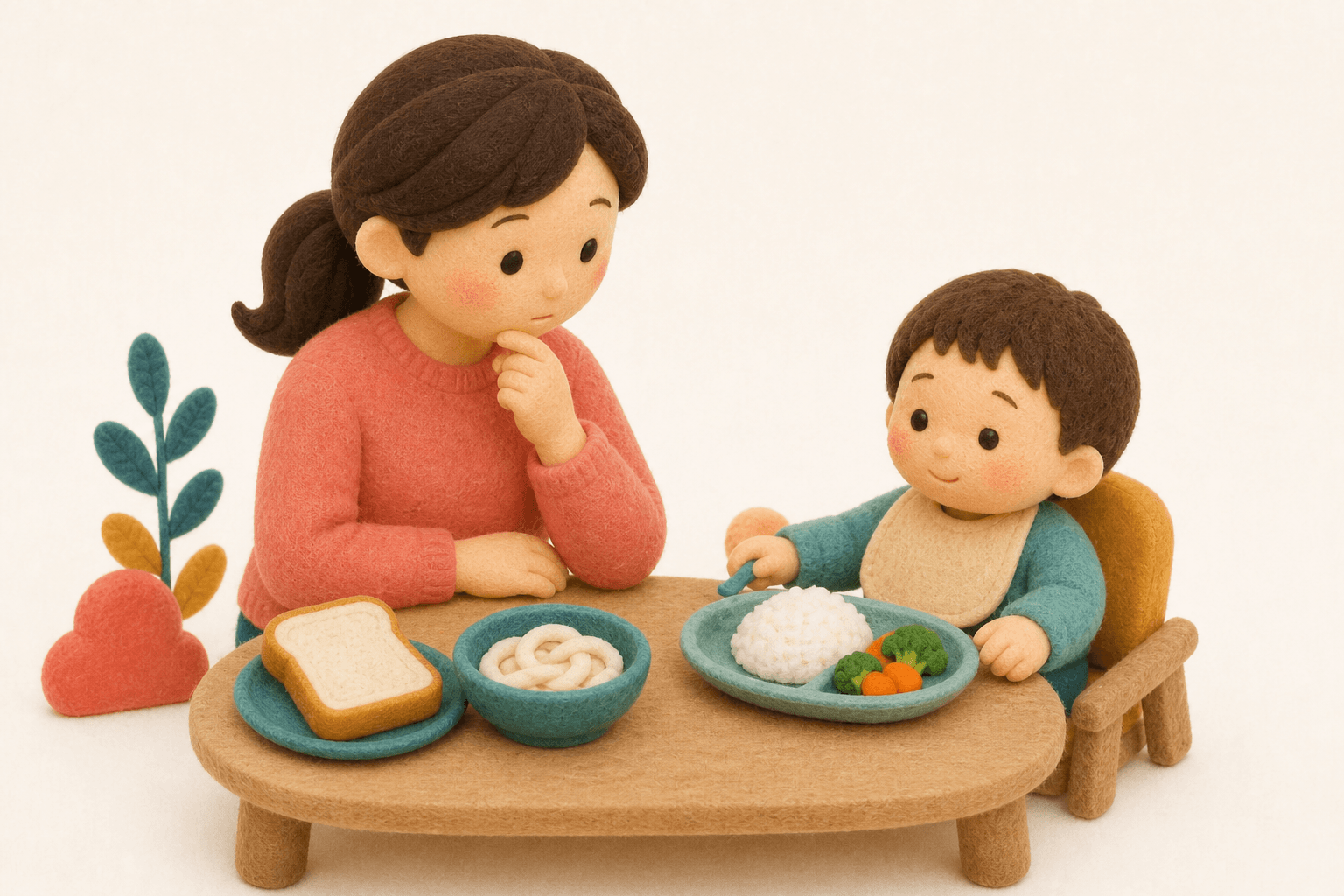 小麦食品を控え米中心の食事にする親子のフェルト人形風イラスト