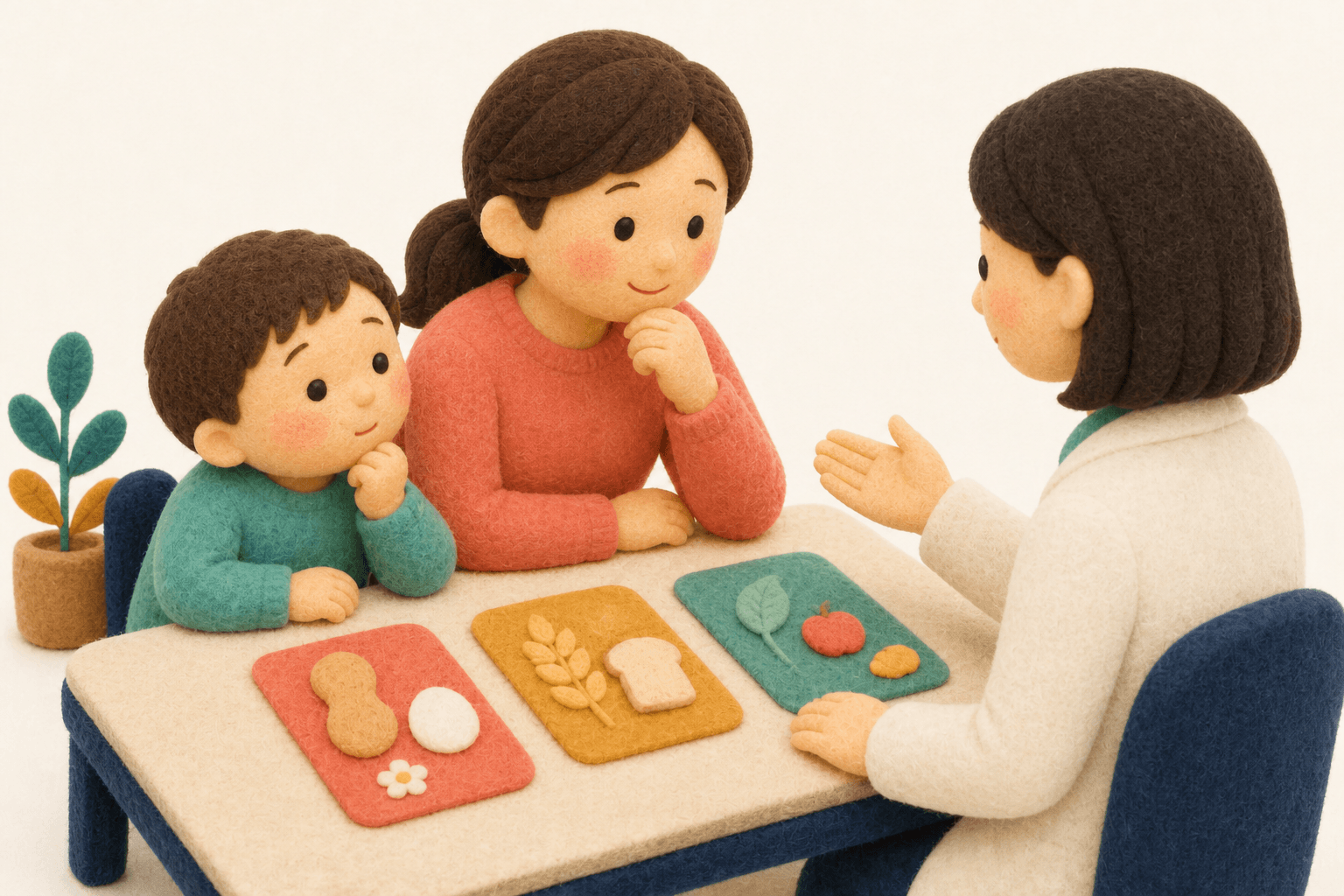 3つの疾患の違いを説明される保護者のフェルト人形風イラスト