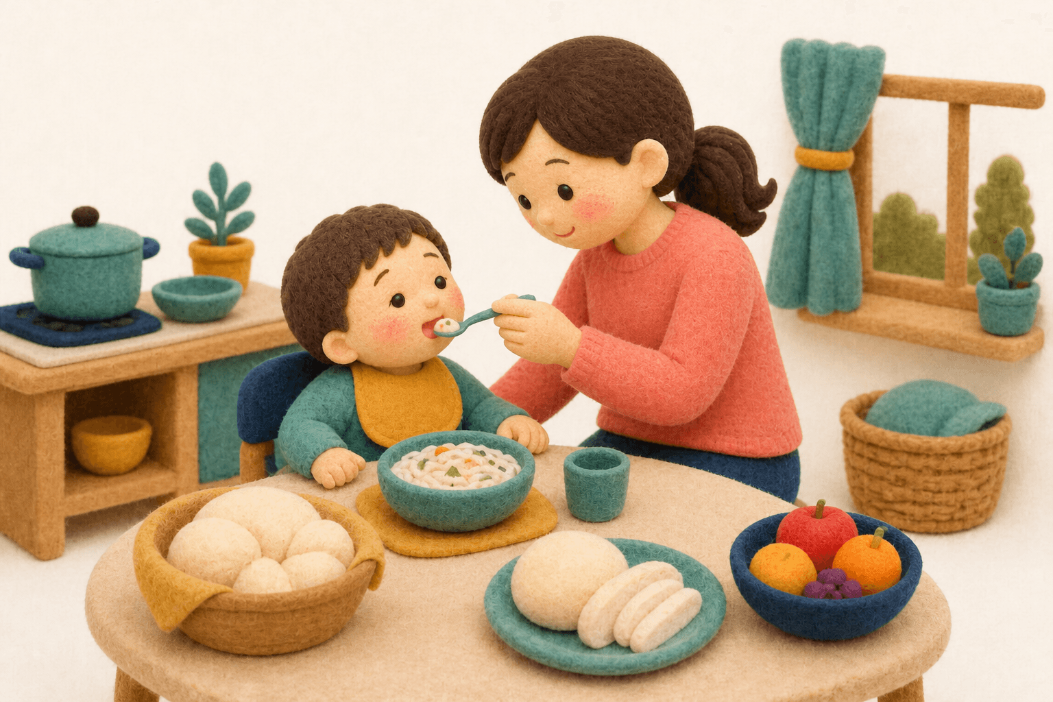 米粉パンや米粉麺で日常食を工夫する家庭のフェルト人形風イラスト