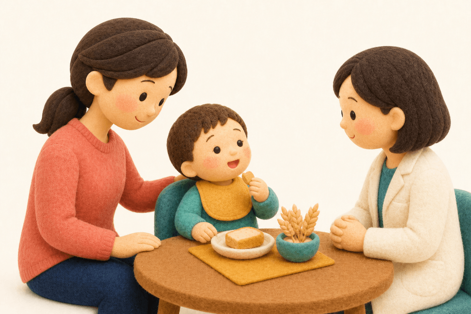 成長とともに小麦を少し試せるようになった子どものフェルト人形風イラスト