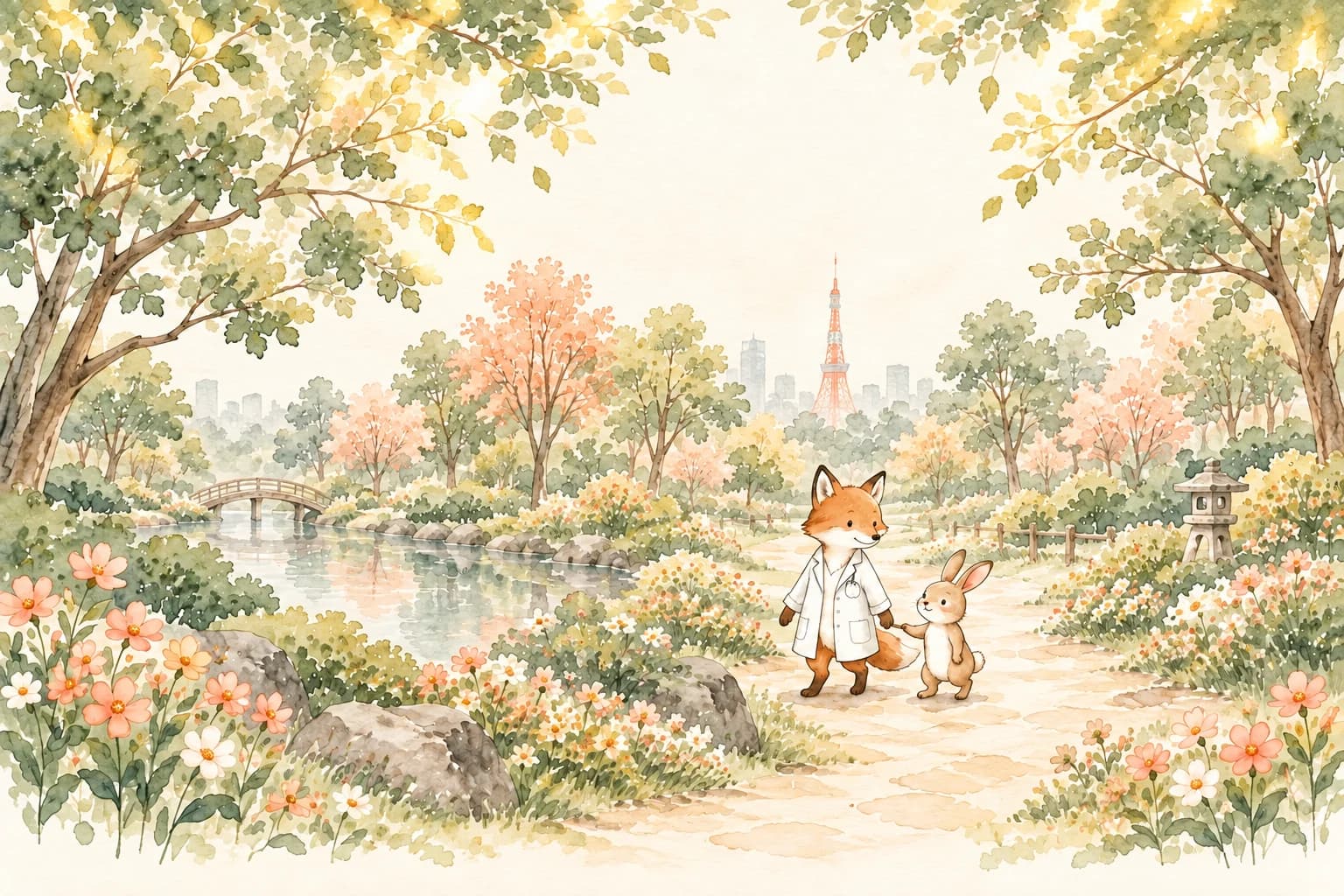 木漏れ日の庭で、コンコン先生とうさぎさんが手をつなぐ水彩イラスト