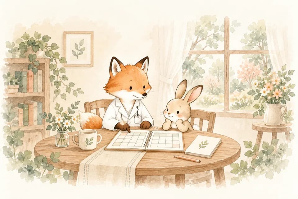 コンコン先生と親子が、手帳を開いて予定を確認するイラスト